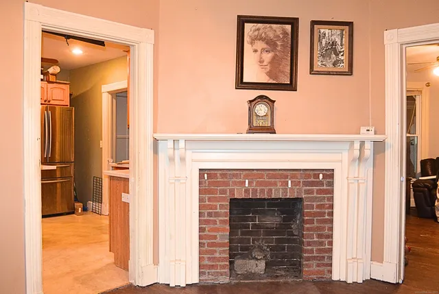 a close view of a fireplace