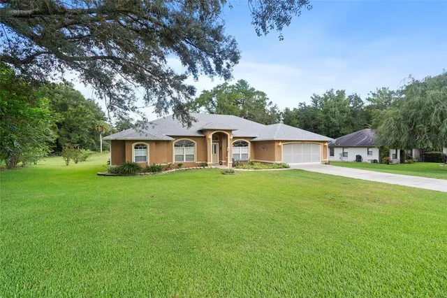 a front view of a house with yard and green space