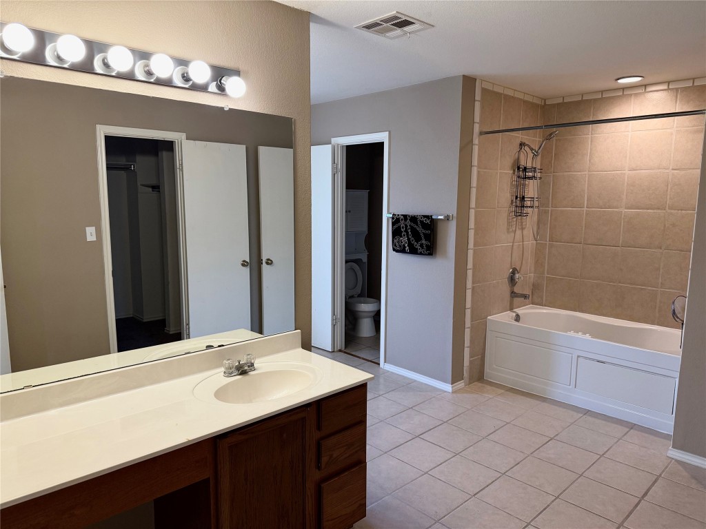 4403 Cisco Valley Drive Round Rock, TX 78664 - Photo 16 of 26 a bathroom with a sink a large mirror and a bathtub