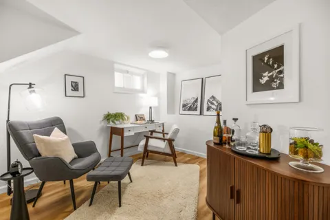 a view of a dining room with furniture