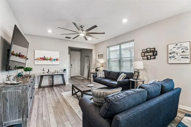 a view of a dining room with furniture