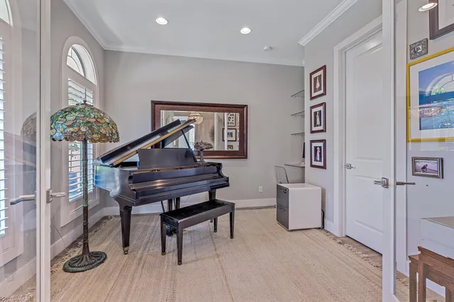 an outdoor space with furniture