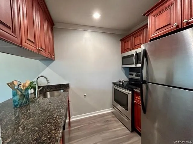 a kitchen with stainless steel appliances granite countertop a refrigerator a stove and a sink with wooden floor