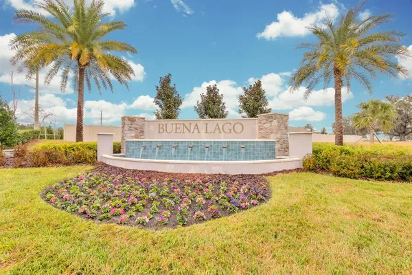 a view of a water fountain and palm trees