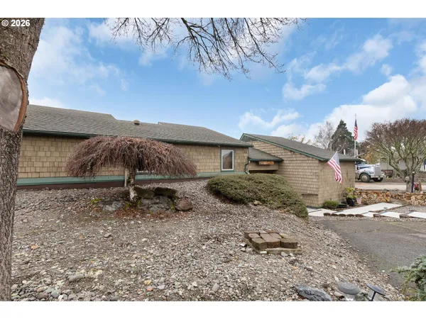 a view of a backyard with a large tree