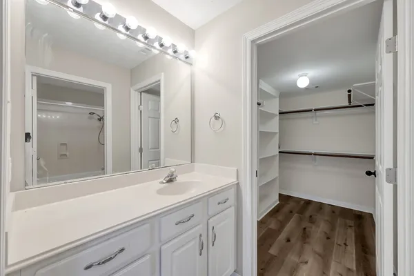 a bathroom with a sink vanity and a mirror