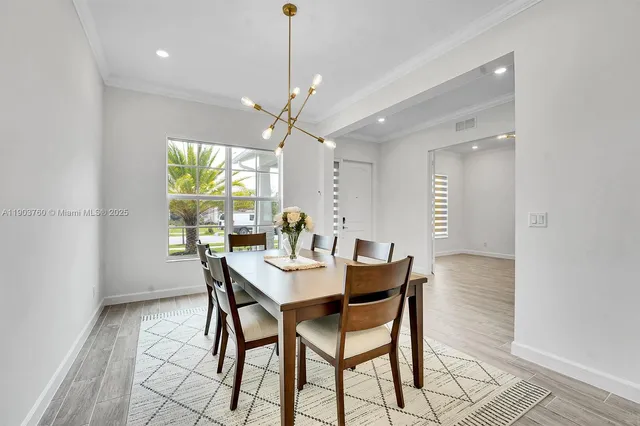 a view of a dining room with furniture window and outside view