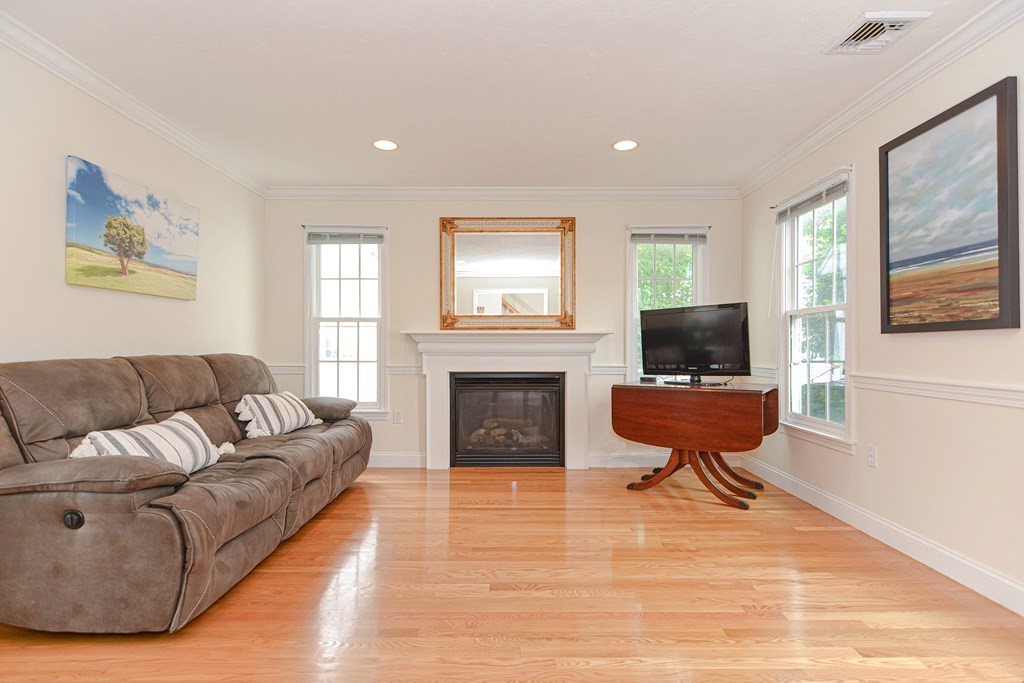 237 Pleasant Street, Unit 237 Norwood, MA 02062 - Photo 13 of 40 a living room with furniture a fireplace and a flat screen tv