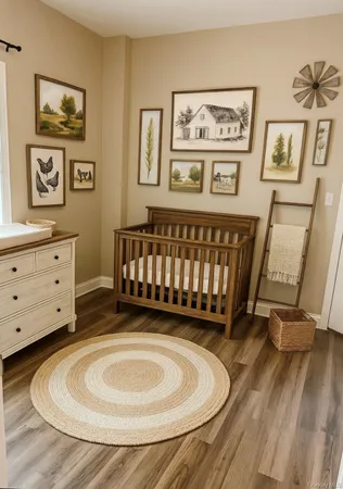 a view of a bedroom with furniture and wooden floor