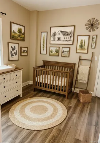 a view of a bedroom with furniture and wooden floor