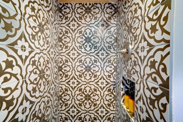 wooden floor with a white curtain