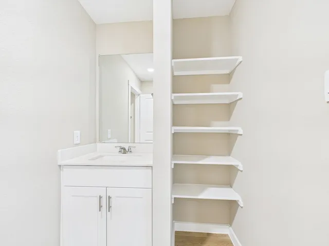 a bathroom with a sink and a mirror