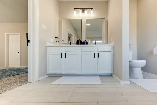 a bathroom with a sink a toilet and a mirror