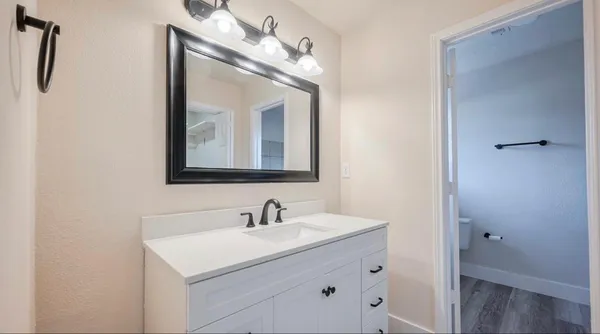 a bathroom with a sink vanity and a mirror