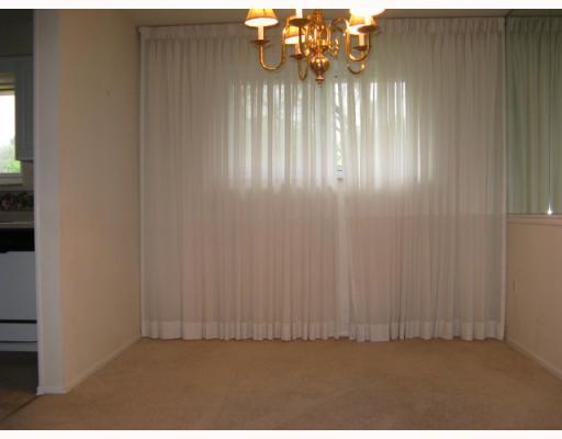 Dining Room. Dining room with beige carpeting, white walls, sheer draperies, brass light fixture.