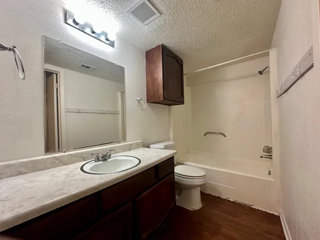 a bathroom with a sink a toilet a shower and a mirror