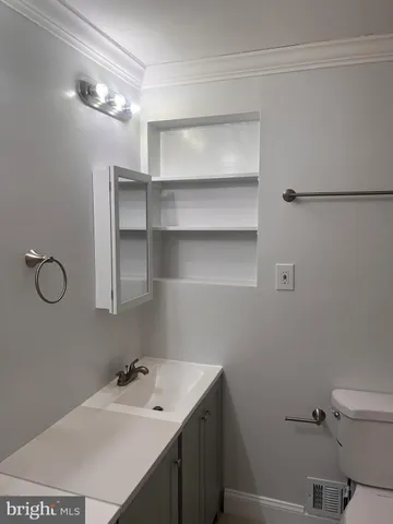 a bathroom with a sink vanity and a toilet