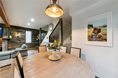 a view of a dining room with furniture