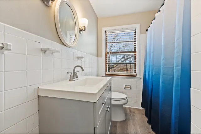 a bathroom with a sink a toilet and a mirror