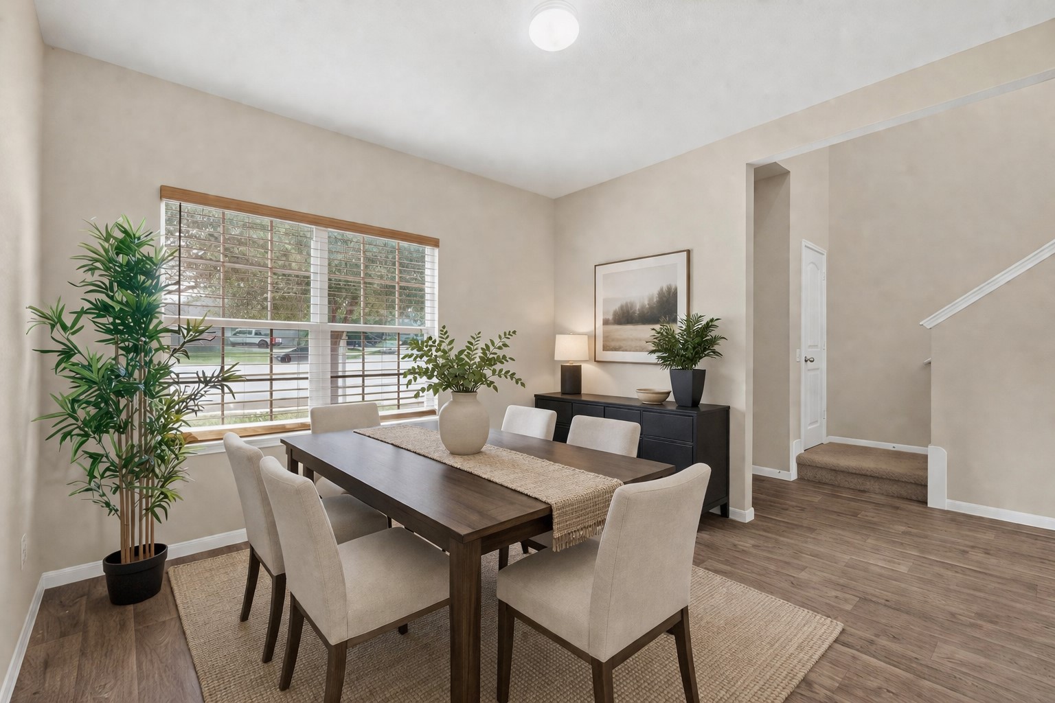 5905 Diamondleaf Bend Austin, TX 78724 - Photo 5 of 38 Formal dining space featuring wood-finish flooring, a large window with blinds, and neutral wall tones