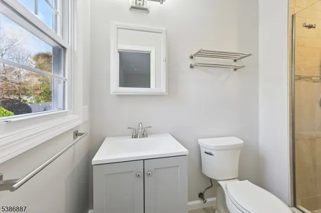a bathroom with a shower and toilet