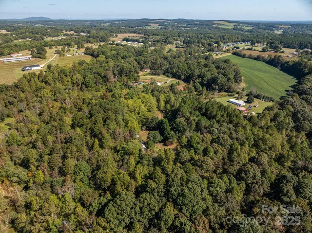 an aerial view of residential houses with outdoor space and trees