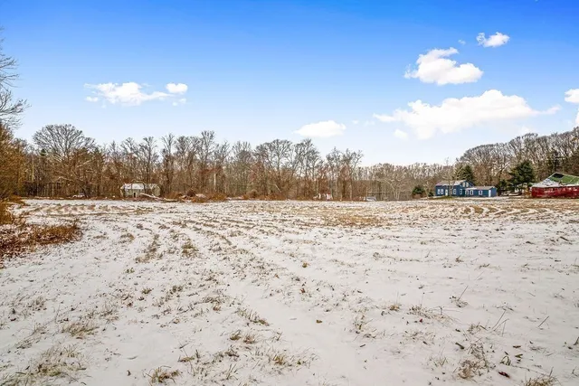 a view of dirt field and trees