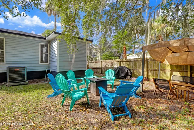 a view of a chairs and table in backyard