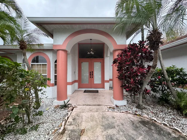 a view of a house with potted plants