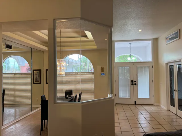 a view of a dining room with furniture