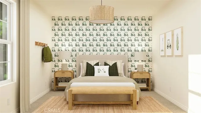 a bedroom with a bed and a window