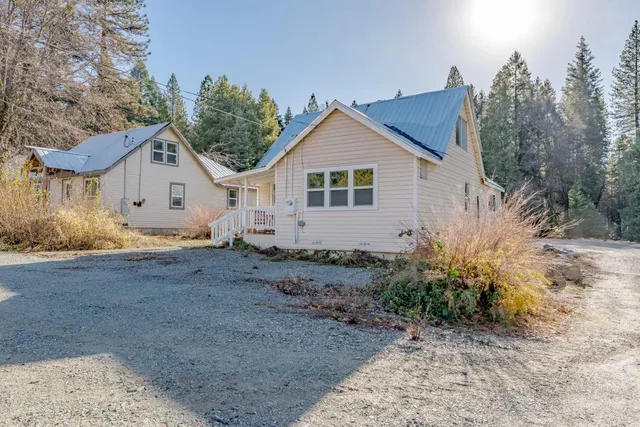a view of a blue house with yard and a tree