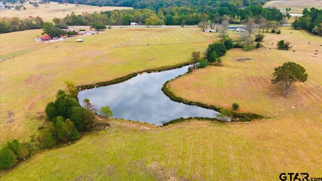 a view of a lake with houses in the background