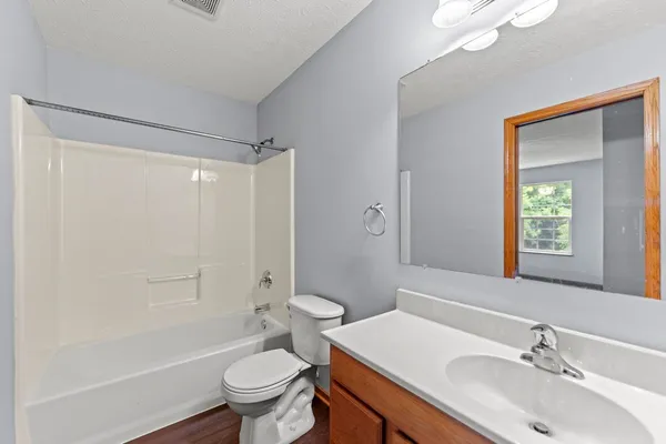 a bathroom with a sink toilet mirror vanity and shower