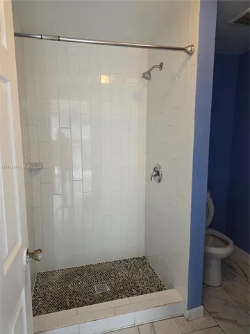 a bathroom with a shower and a toilet