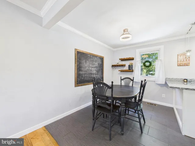a view of a dining room with furniture and window
