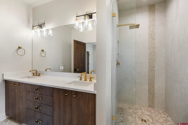 a bathroom with a sink a mirror and a shower
