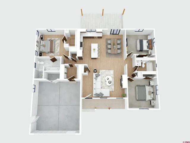 a living room with furniture and a kitchen view