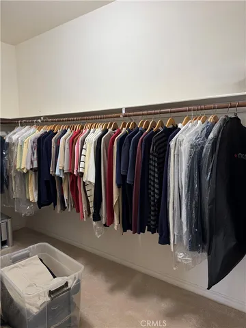 a view of walk in closet with clothes and shoes