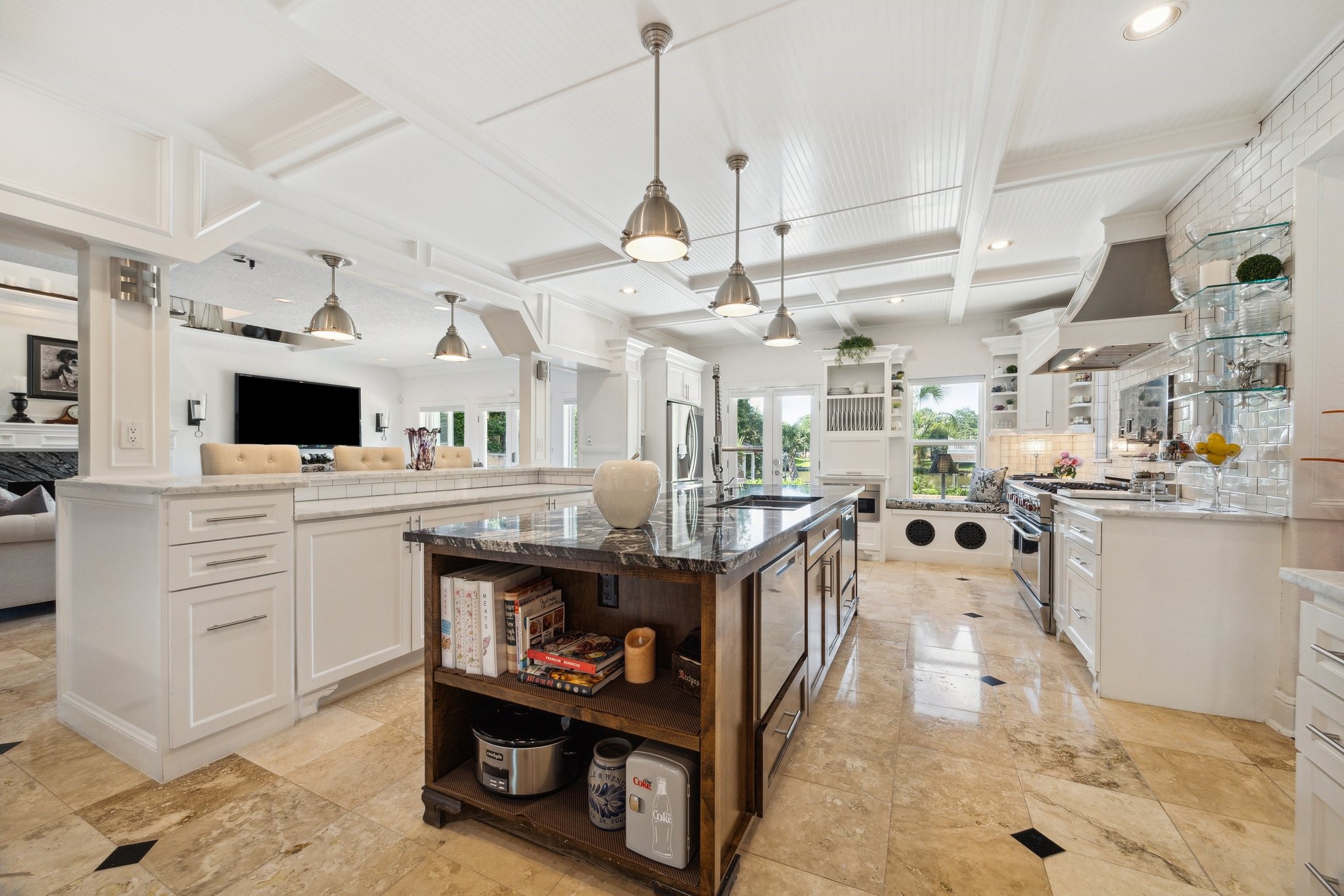 1917 Anchor Way Dickinson, TX 77539 - Photo 21 of 48 CUSTOM DISH RACKS, SPICE RACKS, AND DISH SHELVES MAKE USEFUL ADDITIONS TO THE WALL SPACE ABOVE COUNTERTOPS. ABOVE THE GORGEOUS KITCHEN YOU WILL NOTICE THE CUSTOM WOOD WORK IN THE CEILING.