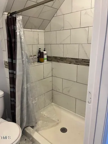 a bathroom with a shower and toilet