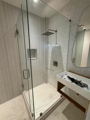 a room with a table and a stove