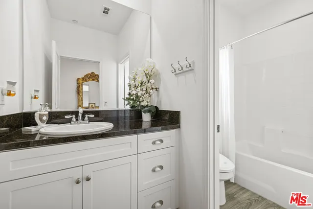 a bathroom with a granite countertop toilet and a bathtub