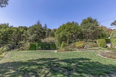 a view of a field with trees in background
