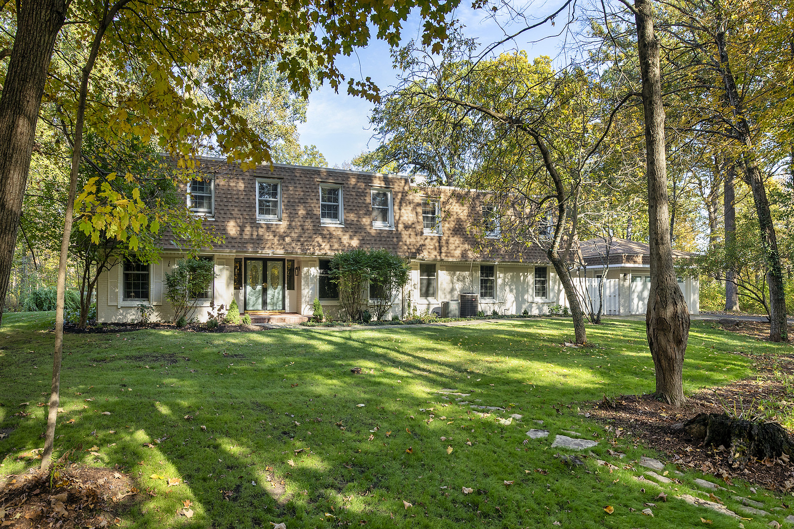 a view of a big yard with plants and large trees