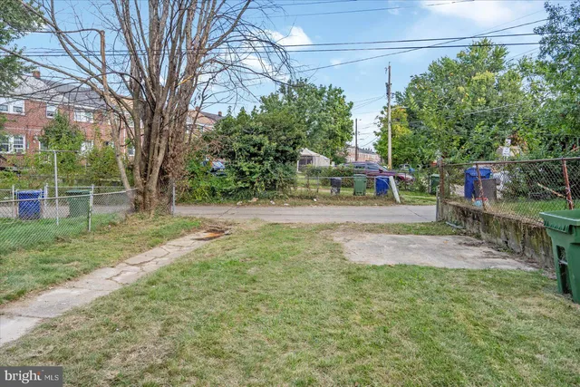 a view of a yard with plants and trees