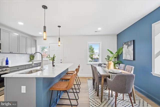 a view of a dining room with furniture