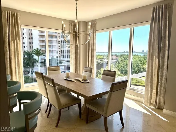 a view of a dining room with furniture window and outside view