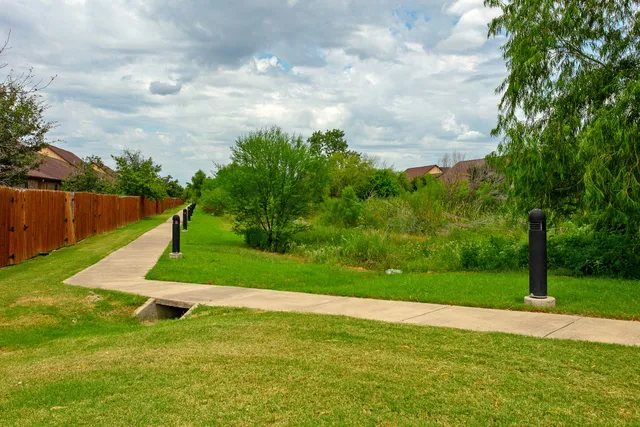 a view of a garden with a slide