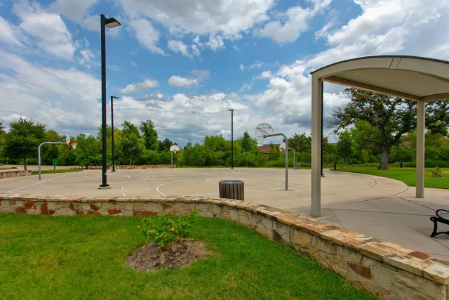a view of a park with a large tree